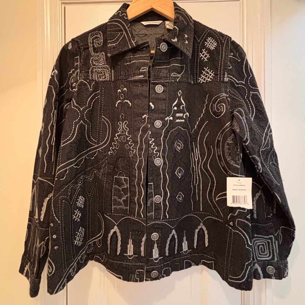 NWT Women’s Laura Ashley Black and White Embroidered Beaded Denim Jacket, Size S